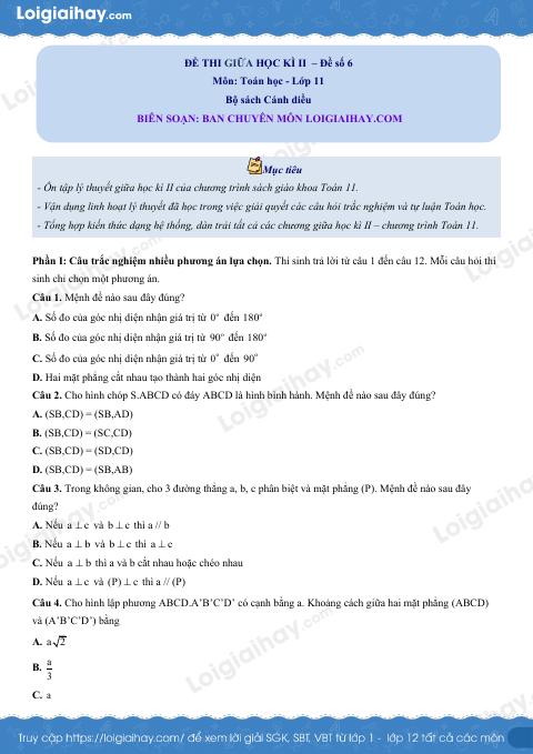 Đề thi giữa kì 2 Toán 11 Cánh diều - Đề số 6